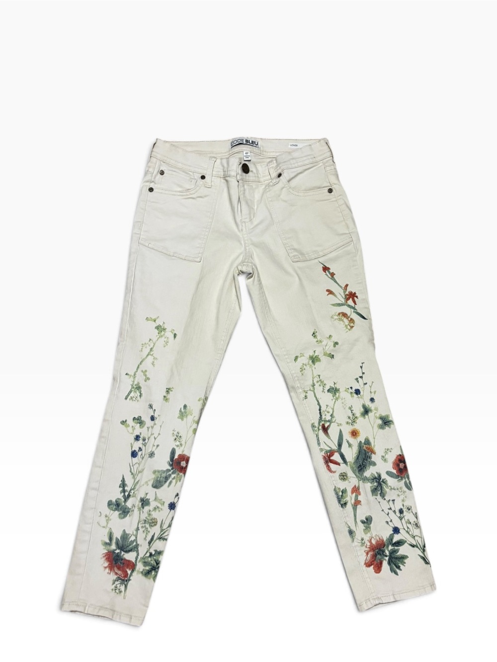 Code Bleu White Straight Jeans with Botanical Print Size 4P Cropped